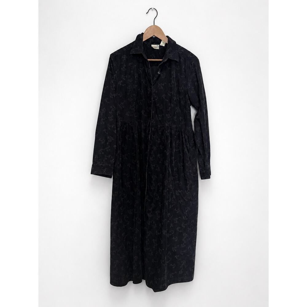 L.L.Bean Black Midi Dress Long Sleeve Button Front Floral Cottagecore Sz 12 - Picture 3 of 5